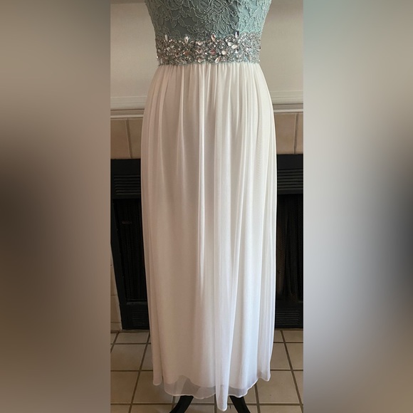 Jodi Kristopher Aqua Lace Bodice and White Chiffon Gown with Sequin Accents. - Picture 3 of 5